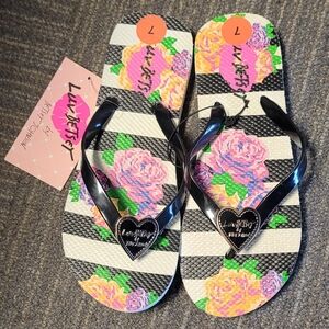 Luv Betsey Floral Stripe Black Heart-Accent Flip Flop Sandals